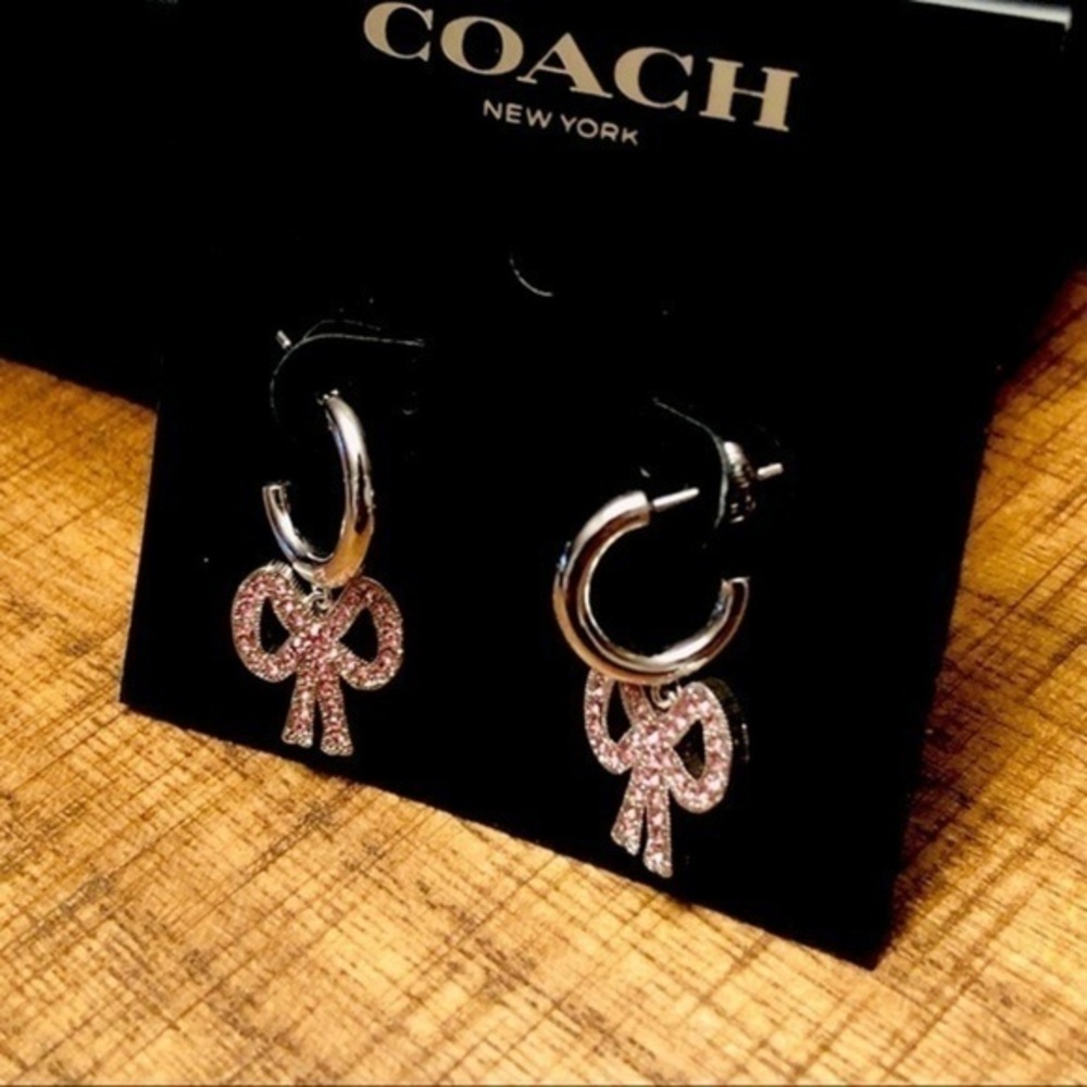 Coach Silver Pave Bow Hoop Earrings NWT | Crystal Bow Charm Earrings